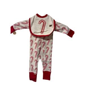 M+A Organic Baby‎ 0-3M Candy Cane Sleep N Play Pajamas with Bib Set